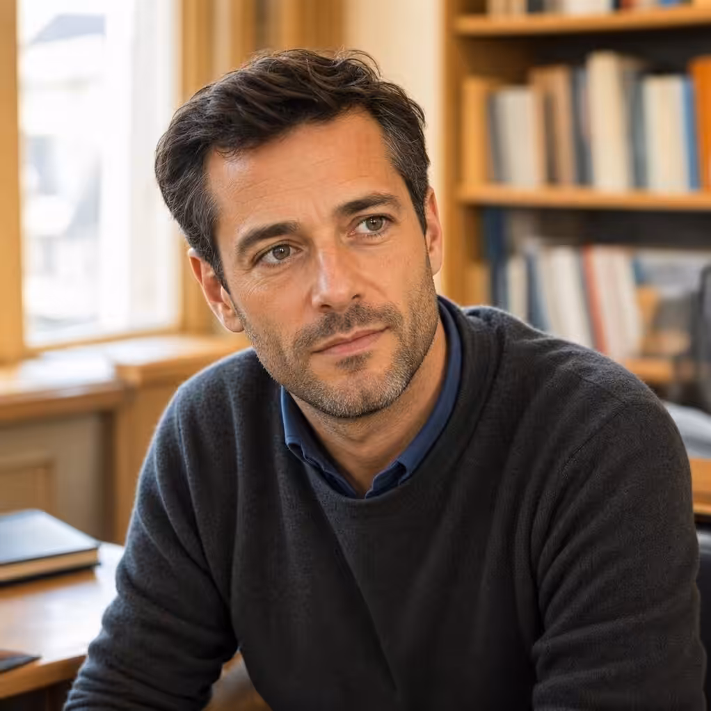 Homme pensif dans un bureau avec bibliothèque